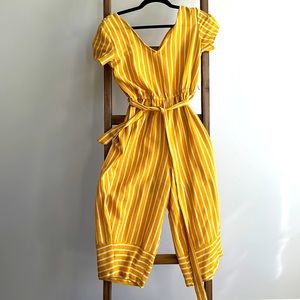 Yellow and white stripe cropped leg jumpsuit